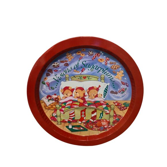 Retro Christmas tin tray set Teddy bear anthropomorphic Holiday serving platter - Picture 4 of 10